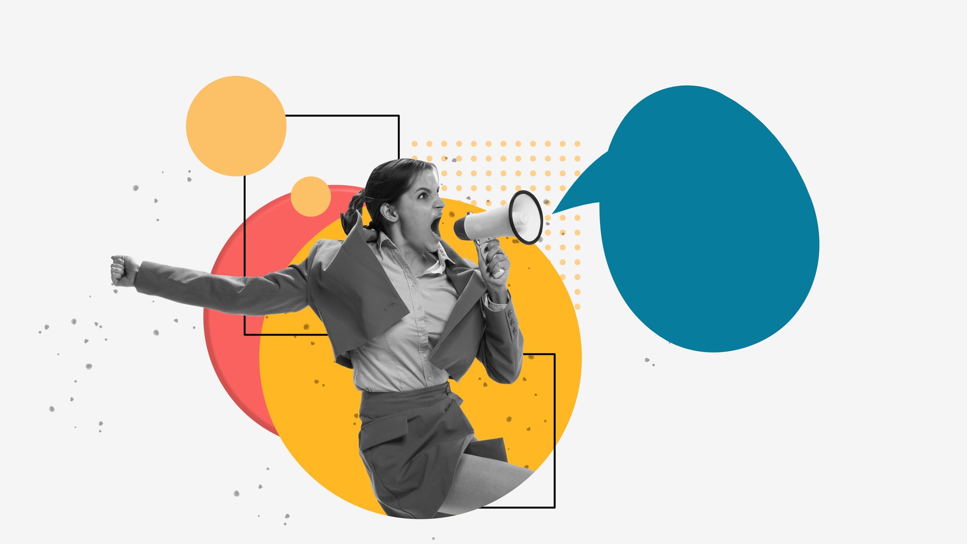 Young woman emotionally shouting in megaphone with speech bubble, drawing attention to new product,m service, event. Contemporary art collage.