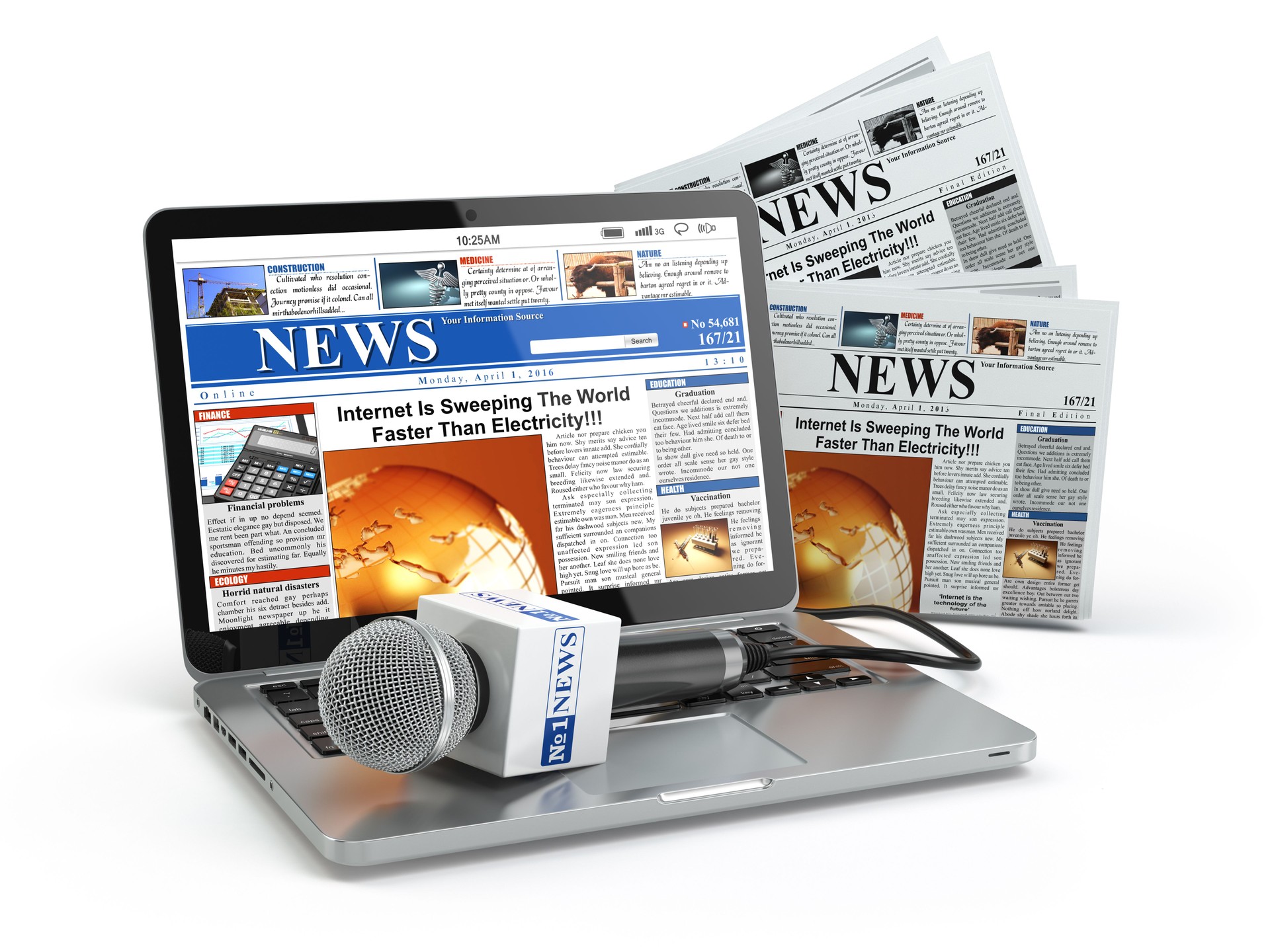 News concept. Laptop with microphone and newspaper isolated on w